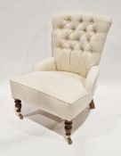 19th century style button-back easy chair, upholstered in a cream fabric, on turned baluster oak