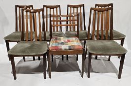 Set of six mid-century teak G-Plan 'Fresco' dining chairs, with green upholstered seats, labelled to