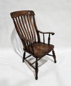 19th century elm seated and beech wood Windsor lath back elbow chair, 105cm high x 60cm wide x
