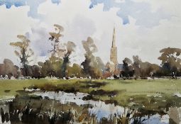 John Yardley (1933) Watercolour and pencil on paper Salisbury cathedral from Harnham, signed lower