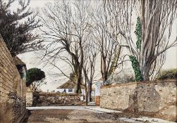 Michael John Hunt (British, b. 1941) Oil on board Village street scene in winter with trees and