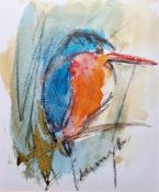 21st century African School  Watercolour and charcoal A Kingfisher perched on a branch, indistinctly
