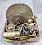Collection of brass and metalware including brass horse and gypsy caravan, brass relief plates,