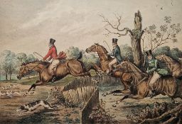 After Henry Alken (1784-1851) Hand-coloured engraving Hunting scene with horses and hounds jumping a