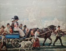 After Sir Alfred James Munnings (1878-1959) Arrival of Gypsies at Epsom  Colour print, signed in