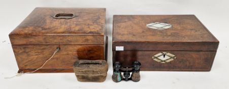 Two Victorian burr walnut boxes, the first, a writing box, inset with mother-of-pearl octagon to