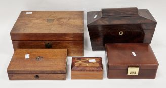 Collection of five boxes including Regency rosewood tea caddy of sarcophagus form, 29.5cm wide and a