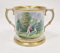 Staffordshire pottery named and dated two-handled loving cup, painted with a running race, inscribed