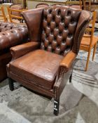 Office reception chesterfield style brown leather wingback armchair, in the 18th century manner with