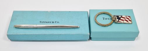 Tiffany sterling silver key ring, the enamelled fob decorated with part of the USA stars and stripes