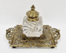 Victorian inkwell on stand, the square moulded swirl glass inkwell with brass hinged lid, fitted