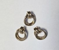 Pair of yellow metal drop earrings, each comprising double hoops, together with a matching earring