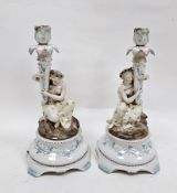 Pair of late 19th century German porcelain figural candlesticks, underglaze blue script R marks,