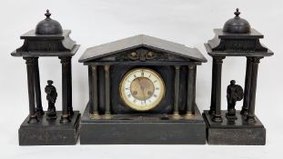 19th century 8-day slate mantel clock of architectural form, the gilt metal and white enamel dial