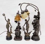 Two modern resin and metal table lamps in the Art Nouveau manner, one in the form of a lady