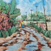 21st Century African School Paint on paper Two women on a country path, signed Chana/Shana lower