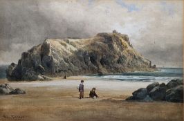 Robert Tucker (1807-1891) Watercolour Boys on a beach in rocky landscape, signed lower left, 28.
