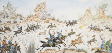 H. Ali Sajjadi (Iranian, 20th century) Gouache/inks on ivory panel Miniature hunting scene with