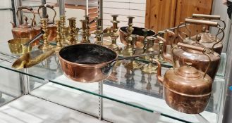 Collection of copper and brass ware dating from 19th century onwards including copper pan with