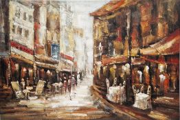 20th century school Oil on canvas Continental street scene with figures, unsigned, unframed, 80cm