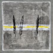 Lucy Dickens (British, b.1958) Acrylic on canvas Abstract composition of three feathers on a grey