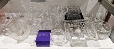Collection of cut and engraved glassware including a pair of hobnail cut jars and covers, a boxed