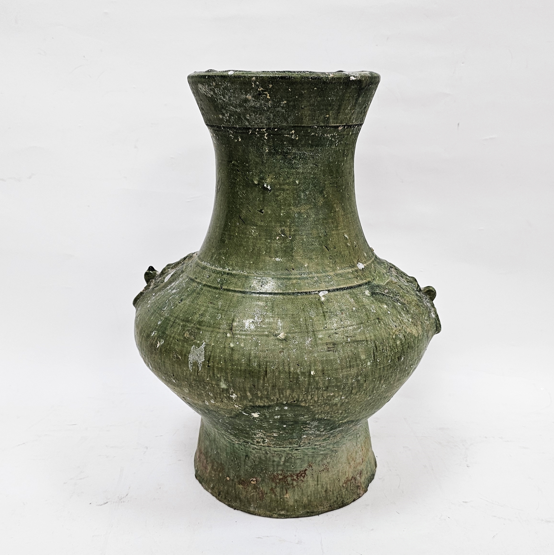Chinese green glazed pottery vessel (Hu), in the Han Dynasty Archaic style, moulded with ringed