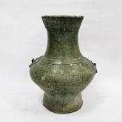 Chinese green glazed pottery vessel (Hu), in the Han Dynasty Archaic style, moulded with ringed