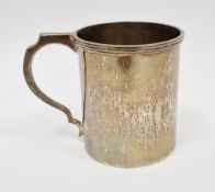 George V silver christening mug, Birmingham 1921, maker's mark rubbed, of plain form with reeded rim