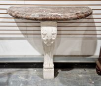 Marble top demi-lune wall hanging console table, on a single composite stone support of scrolling
