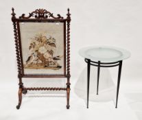 19th century large rosewood framed firescreen, the frame with carved foliate scroll cresting and