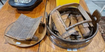 19th century coopered oak two-handled circular shallow dairy bowl, iron banded, with wooden lug