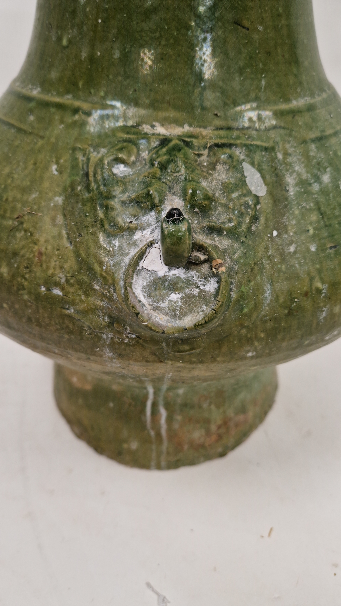 Chinese green glazed pottery vessel (Hu), in the Han Dynasty Archaic style, moulded with ringed - Image 10 of 16