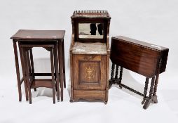 Victorian rosewood inlaid purdonium with brass gallery rail, mirrored back and marble top, 91cm high
