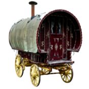 Early 20th century bow top Vardo/gypsy painted wagon, outer cabin painted in burgundy, gold and