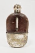 Victorian silver and glass hip flask, with partial leather cover and detachable silver cup, London
