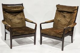 Pair of mid-century retro teak-framed armchairs by Cintique, with brown button upholstered cushion