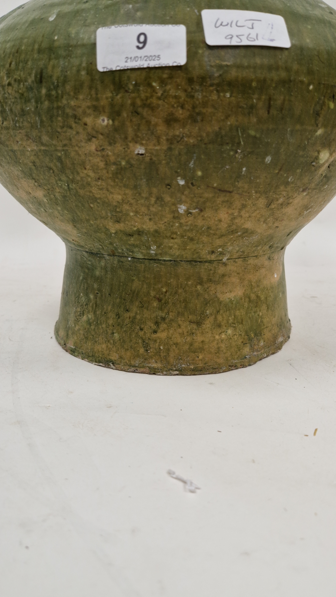 Chinese green glazed pottery vessel (Hu), in the Han Dynasty Archaic style, moulded with ringed - Image 7 of 16