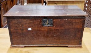 18th century small oak box with rectangular hinged lid and iron lock, 29cm high x 62cm wide x 32cm