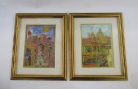 Two acrylic on fabric paintings, one depicting a road with palm trees, etc, the other a view of