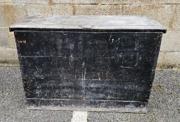 19th century stained pine plank log or storage box, the hinged lid with metal loop handle to top,