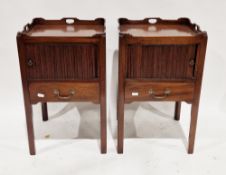 Pair of George III style tray top commodes, each with a single tambour sliding door over a single