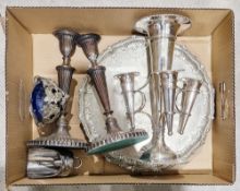 Collection of silver plate including a pair of Regency style reeded Sheffield plate candlesticks,