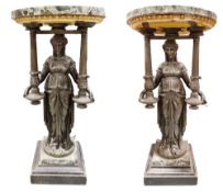 Pair of French marble and bronze gueridons, the circular green marble tops with bronze supports cast