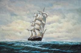 21st century school, Oil on canvas Maritime depicting a tall ship at sail, indistinctly signed