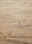 Three 20th century Chinese silk landscape paintings, one with sailing ships, another with ships in