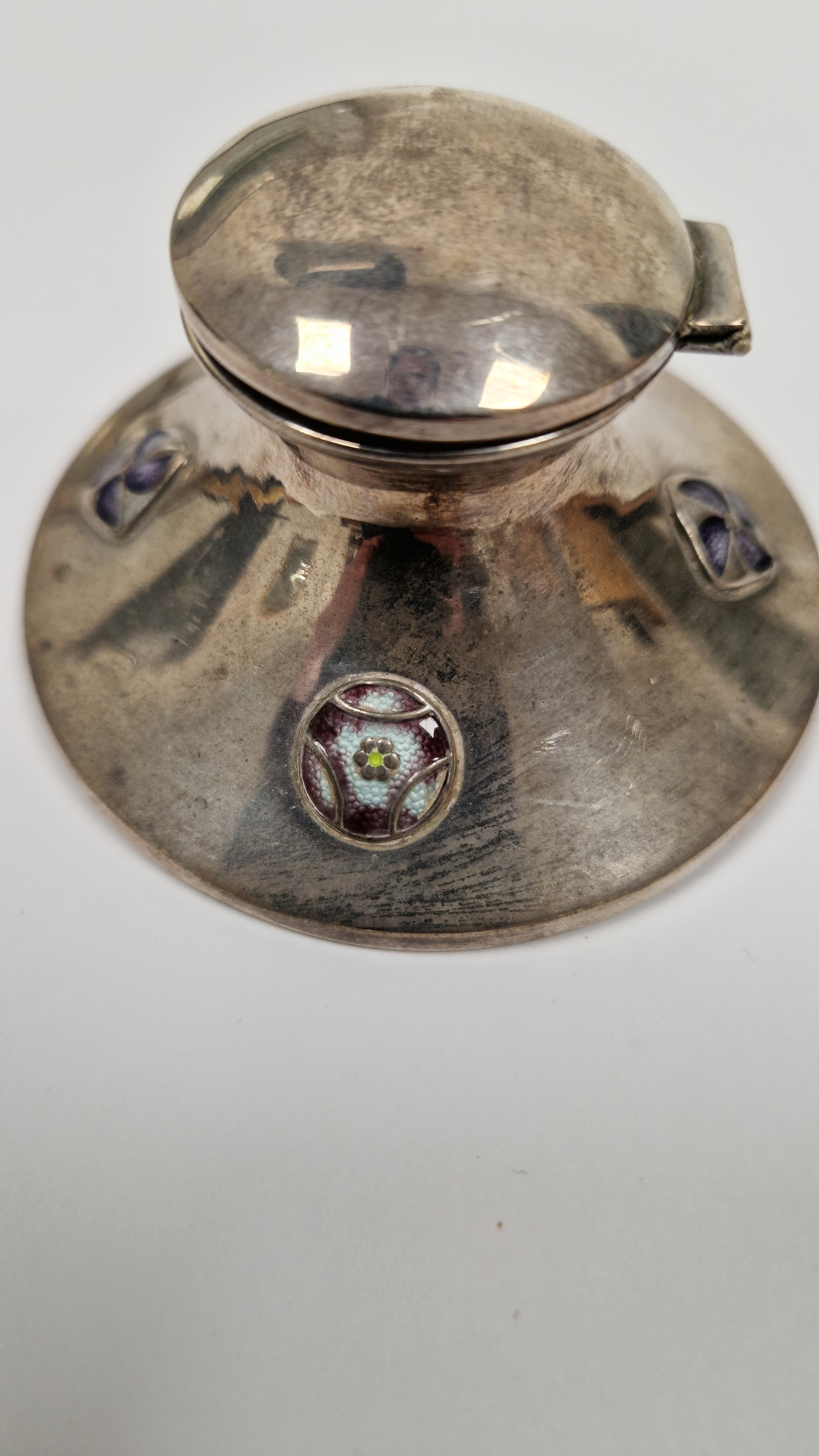 Edward VII silver and guilloche enamel capstan inkwell, Birmingham 1909, maker's mark rubbed, the - Image 11 of 18