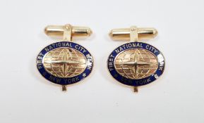 Pair of presentation 14k enamelled bar back cufflinks, the oval panels with enamel decoration for