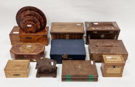 Collection of boxes including Regency rosewood and mother-of-pearl inlaid tea caddy of sarcophagus