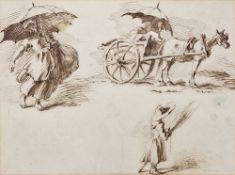 19th century school  Ink on paper Sketches of rural life, a figure on a horse and cart, a caricature